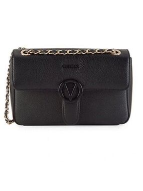 Valentino By Mario Valentino Black Pebbled Leather Crossbody with Gold Chain